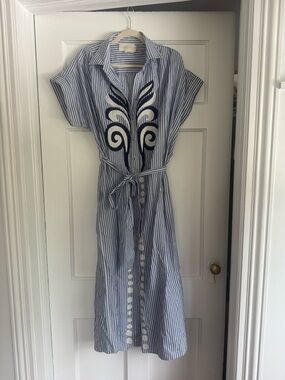 Blue & White Striped Maxi Shirt Dress with Navy Embroidered Detail